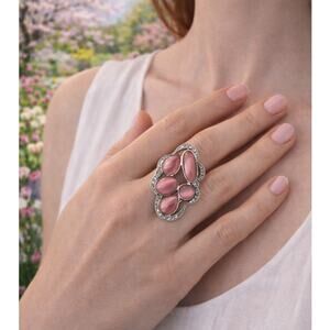 vintage pink cat's eye statement ring silver tone rhinestone halo jewelry